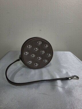 Michael Kors Round Brown Leather Wristlet with Silver Stud Accents